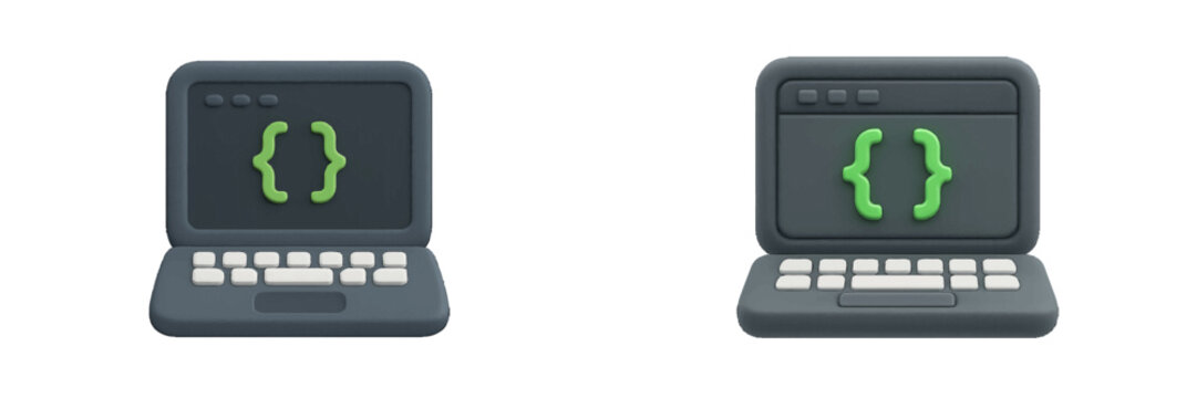 Stylized laptops showing green curly braces on dark screens