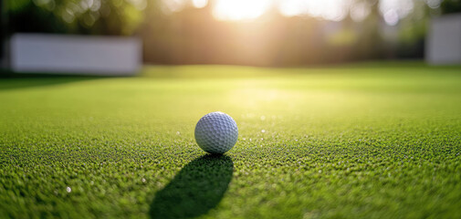 golf ball rests on vibrant green putting green, illuminated by soft sunlight, creating perfect for game of golf