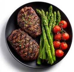 Two grilled steaks, asparagus, and cherry tomatoes on a dark plate