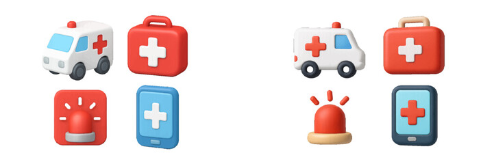 Obraz premium Emergency medical symbols: ambulance, first aid, siren, and health cross on phone
