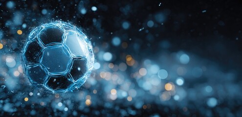 Crystalline soccer ball in motion, blurred bokeh background, cool blue tones, particle effects