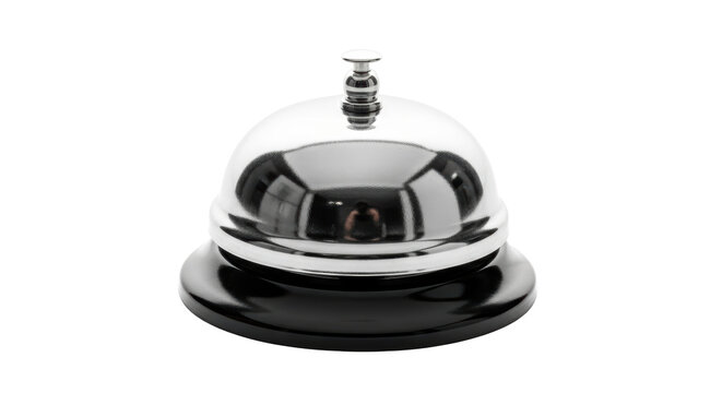 Isolated chrome plated metal service call bell with black base on seamless backdrop