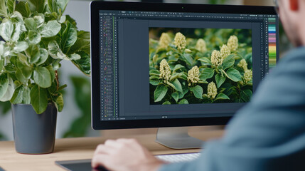Digital art photo editing computer monitor workspace plant designer creative color retouching designer edits close up of green foliage and budding flowers desktop monitor modern workspace