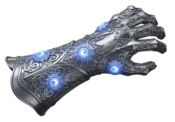 Ornate, metallic gauntlet with intricate detailing and glowing, celestial accents displays a powerful, fantastical design.