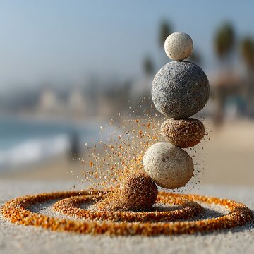 Zen Stacked Stones with Sand Circle on Beach image photo