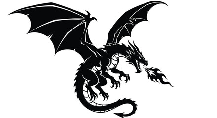 Fierce dragon breathing fire silhouette, a mythical creature with wings and scales in black color