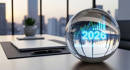 Crystal ball displaying future year 2026 with city skyline reflection on office desk
