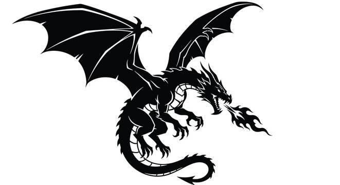 Fierce dragon breathing fire silhouette, a mythical creature with wings and scales in black color