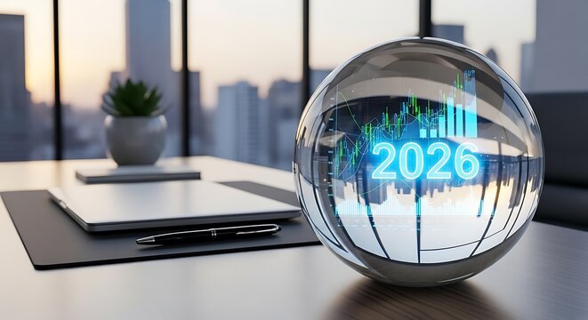 Crystal ball displaying future year 2026 with city skyline reflection on office desk - Powered by Adobe