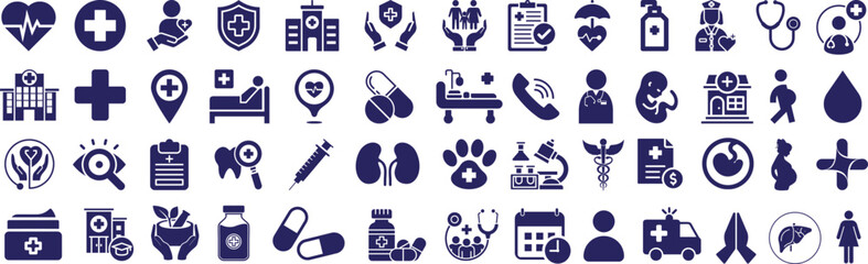Health and medical icons set, medical and healthcare symbols. Representing various aspects of health, these icons convey concepts of care and treatment.