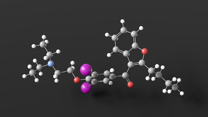 amiodarone molecule 3d, molecular structure, ball and stick model, structural chemical formula antiarrhythmic drug