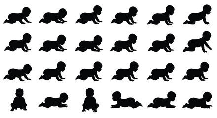 Naklejka premium Silhouette of baby crawling in various positions for development milestones and parenting themes