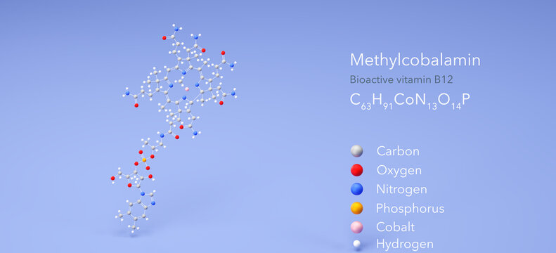methylcobalamin molecule, molecular structure, bioactive vitamin b12 3d model, Structural Chemical Formula and Atoms with Color Coding