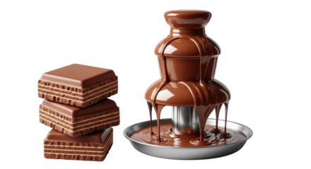 Isolated chocolate fountain dessert beside stacked square wafers, a decadent treat, sweet delight