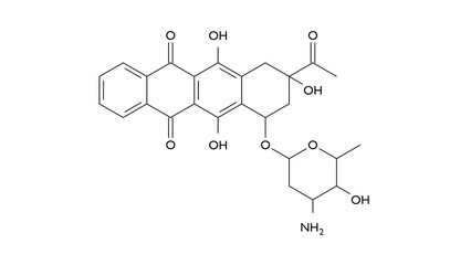 idarubicin molecule, structural chemical formula, ball-and-stick model, isolated image antineoplastic agent