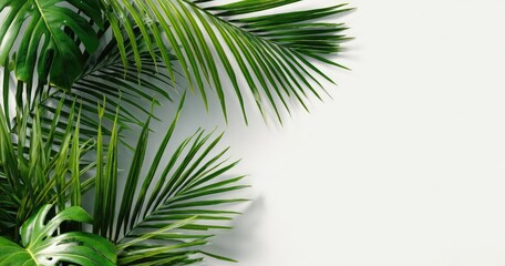 Tropical leaves frame a light gray background