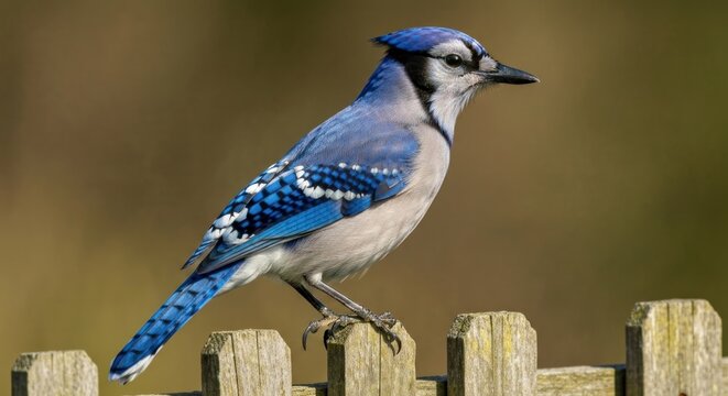Blue jay perched on weathered wooden fence