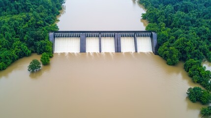 Aerial View of Dam with Spillways Regulating Floodwater Amidst Lush Greenery and Rising Water Levels