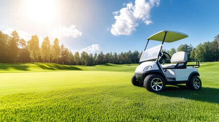 golf cart parked on lush green fairway under bright blue sky, surrounded by trees. scene captures  perfect day for luxury golf course golfing, players to enjoy outdoors