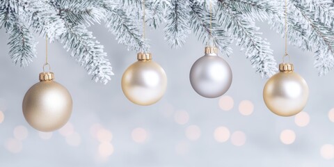 Elegant Christmas Baubles Hanging on Snowy Pine Branches