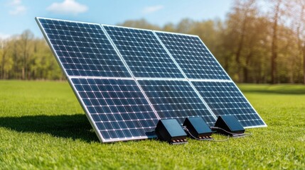 Solar Panels on Green Grass for Efficient Charging of Solid State Battery Packs in Bright Daylight