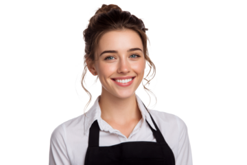 Smiling young woman in white shirt and black apron isolated on transparent png background