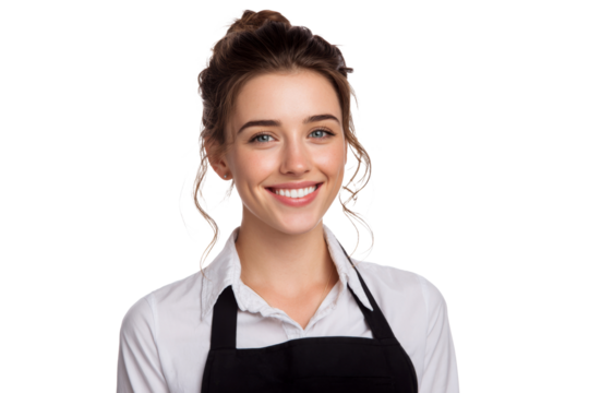 Smiling young woman in white shirt and black apron isolated on transparent png background - Powered by Adobe