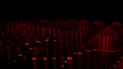 Dark red geometric columns move in a dynamic wave An abstract 3D motion background representing data sound visualization or a conceptual digital - Powered by Adobe