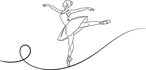 Ballerina silhouette in arabesque pose, ballet dancer line art, black and white vector, graceful motion, tutu, dance elegance icon