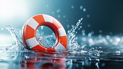 life preserver floats in water, creating splashes as it moves. scene conveys urgency and safety in water environment