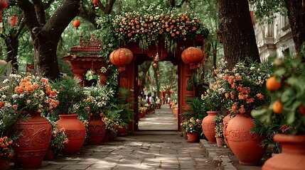 Traditional wedding gate with earthen pot arrangement high resolution picture