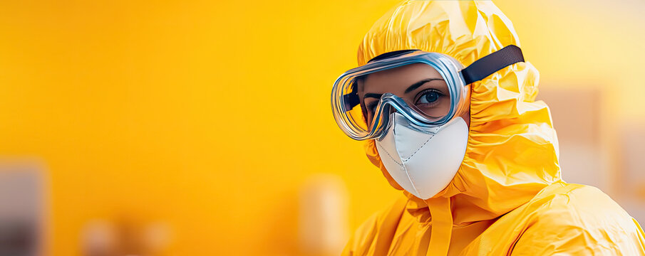 Worker wearing protective gear, including yellow suit and goggles, in laboratory setting. bright background adds sense of urgency and safety