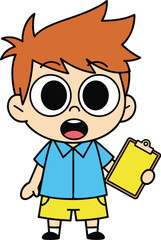 Cartoon child character with clipboard, big eyes, orange hair, surprised expression, black and white vector, educational kids illustration icon