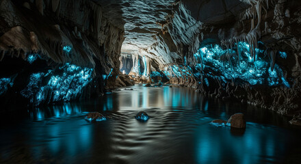 A surreal, otherworldly glow-worm cave with a reflective underground river.
An ethereal and mesmerizing long-exposure shot of a cave illuminated by thousands of brilliant blue glow-worms