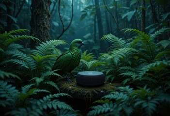 Quetzal and Ferns  Smart Home Hub Product Showcase with Subdued Light in a Cloud Forest
