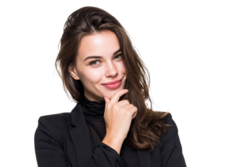 Smiling young woman in black blazer with thoughtful pose isolated on background