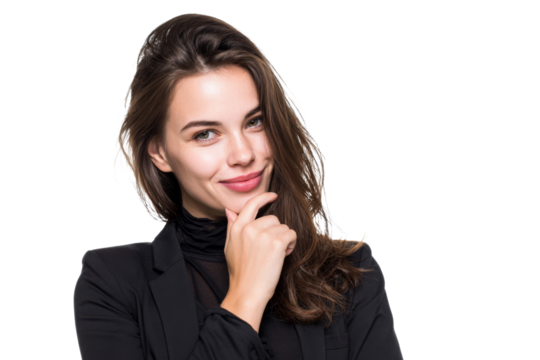 Smiling young woman in black blazer with thoughtful pose isolated on background