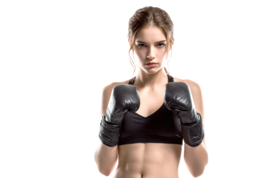 Fit young woman in sports bra wearing black boxing gloves isolated on background
