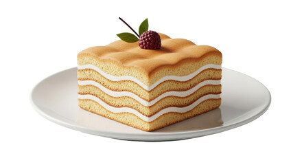 Isolated square layer cake with raspberry garnish on a plate, studio shot for menu or recipe card
