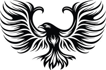 Stylized phoenix bird illustration features a captivating black silhouette against the white background
