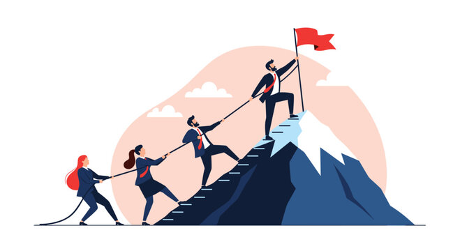 Teamwork and collaboration to reach the summit and achieve success.