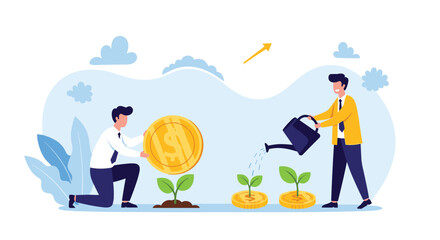 Two businessmen planting coins and watering tiny plants to grow money.