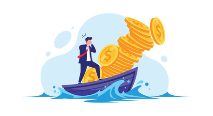 Obraz premium Businessman struggling to balance finances on a sinking boat.