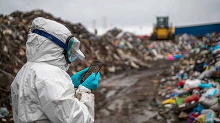 Protective suit worker examines landfill waste with digital device.