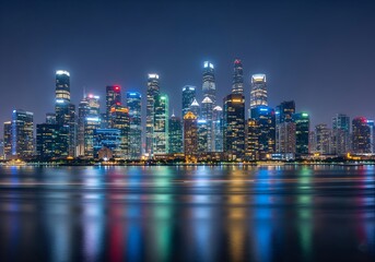 Naklejka premium Modern City Skyline at Night with Reflections 