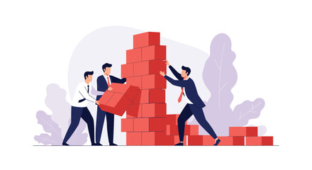 Businessmen building a wall with building blocks to overcome challenges.