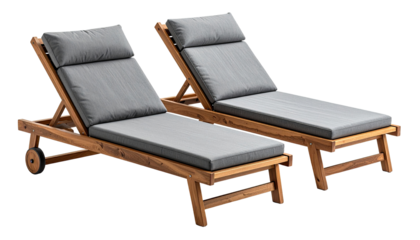 Two wooden outdoor sun loungers with gray cushions