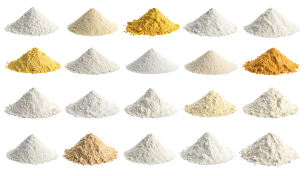 Variety of powdered goods in piles