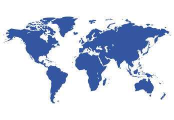 Blue world map silhouette on a white background representing global connections and international travel