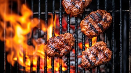 Overhead View of BBQ Grill with Glowing Embers and Grilled Meat in Crisp Detail